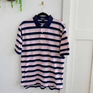 Polo by Ralph Lauren Men's Short Sleeve Pink Navy Striped Polo Shirt Size Large